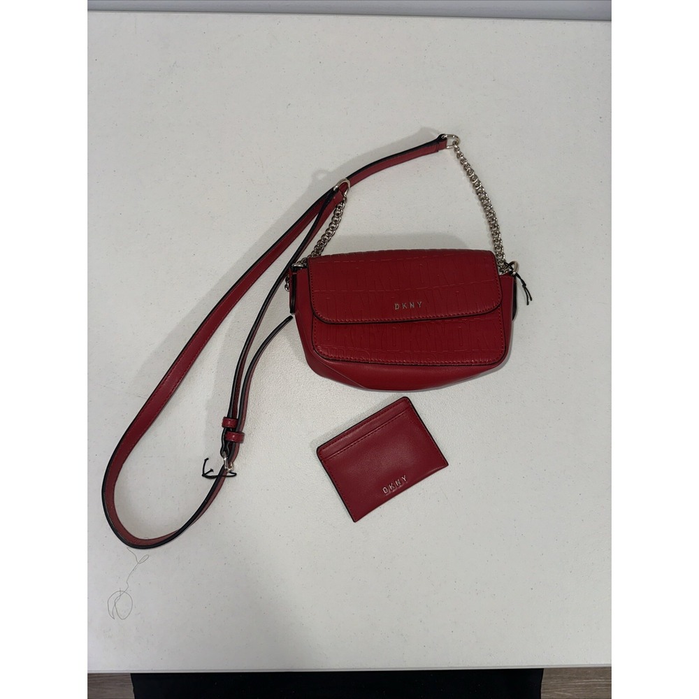 DKNY Women's Faux Leather Crossbody Purse Small Red With‎ Card Wallet Holder